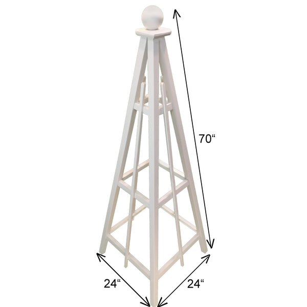 6' White Obelisk with Sphere Finial and 24" Base, Solid Pine, 3 Rail Obelisk