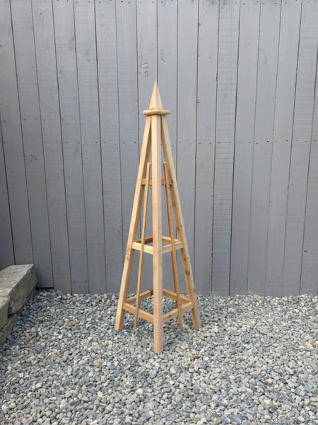 5' Knotty Cedar Garden Obelisk, 3 Rail Spire (spike) Finial 16" Base