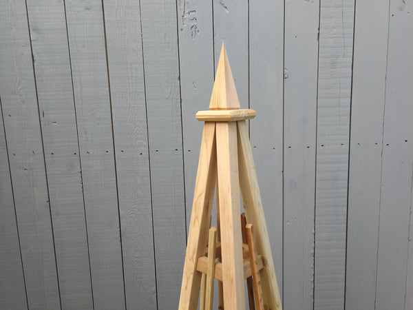 5' Knotty Cedar Garden Obelisk, 3 Rail Spire (spike) Finial 16" Base